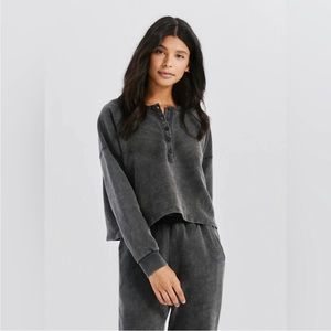 Something Navy Henley Crop Sweatshirt Top Washed Black XXS